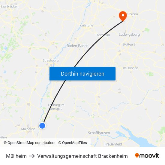 Müllheim to Verwaltungsgemeinschaft Brackenheim map
