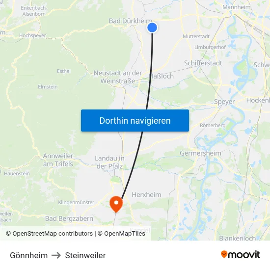 Gönnheim to Steinweiler map