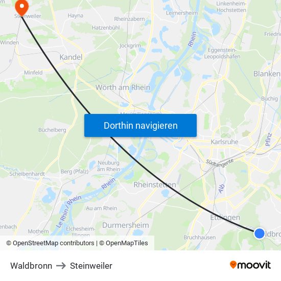 Waldbronn to Steinweiler map