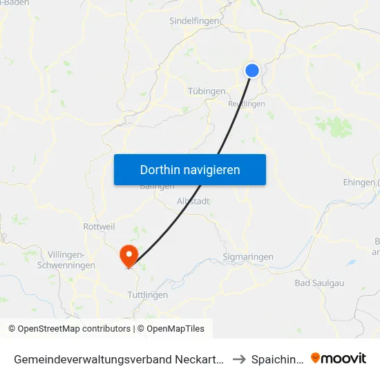 Gemeindeverwaltungsverband Neckartenzlingen to Spaichingen map