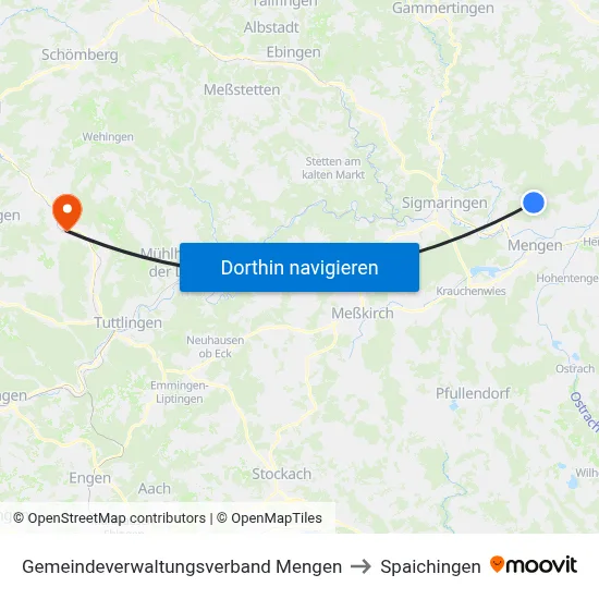Gemeindeverwaltungsverband Mengen to Spaichingen map