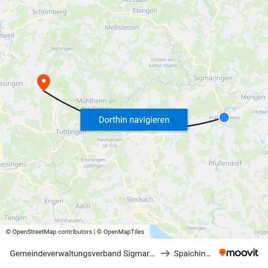 Gemeindeverwaltungsverband Sigmaringen to Spaichingen map