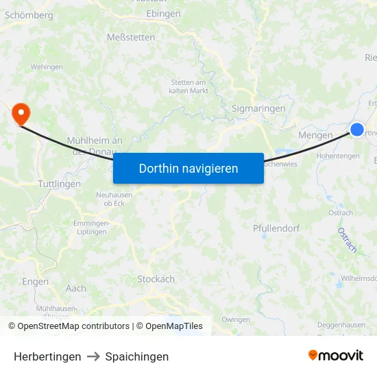 Herbertingen to Spaichingen map