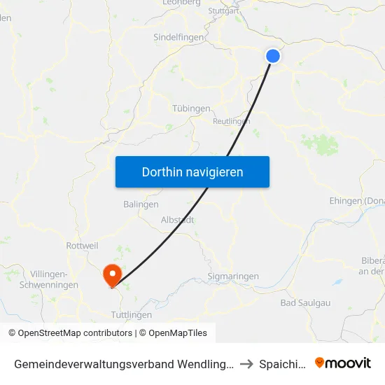 Gemeindeverwaltungsverband Wendlingen am Neckar to Spaichingen map