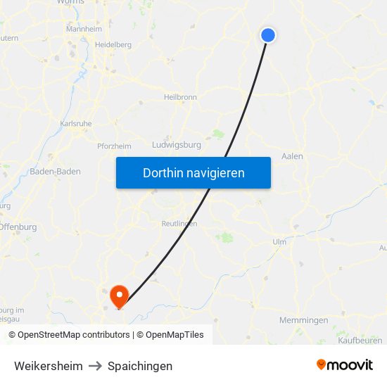 Weikersheim to Spaichingen map
