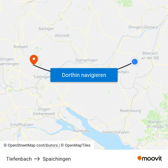 Tiefenbach to Spaichingen map