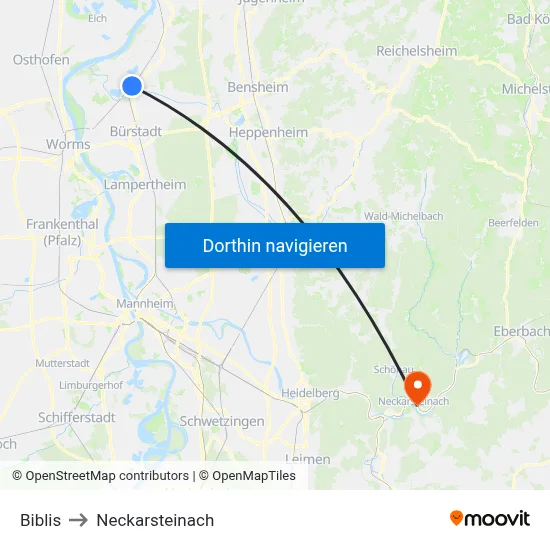 Biblis to Neckarsteinach map