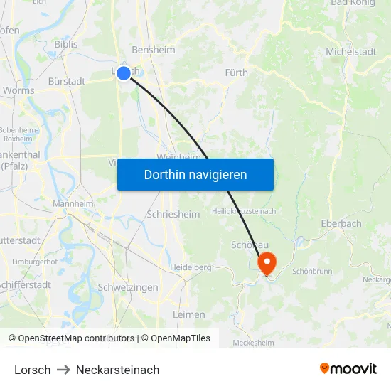 Lorsch to Neckarsteinach map