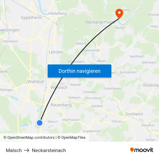 Malsch to Neckarsteinach map
