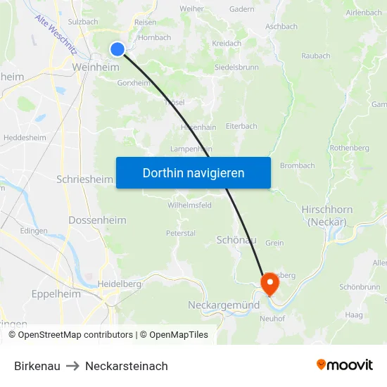 Birkenau to Neckarsteinach map