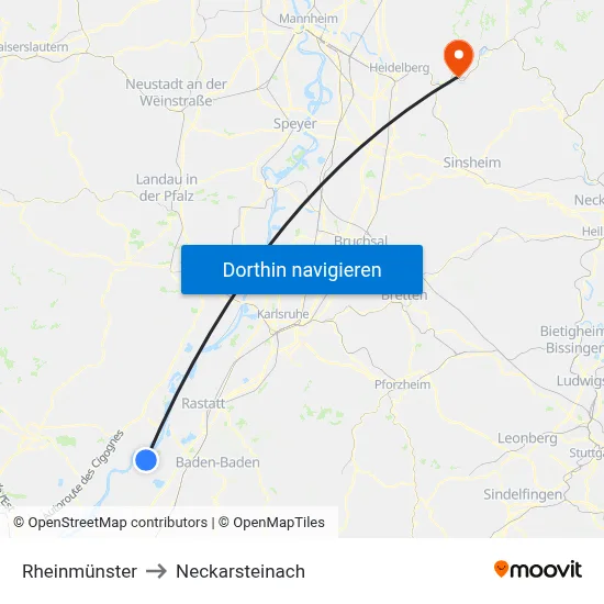 Rheinmünster to Neckarsteinach map