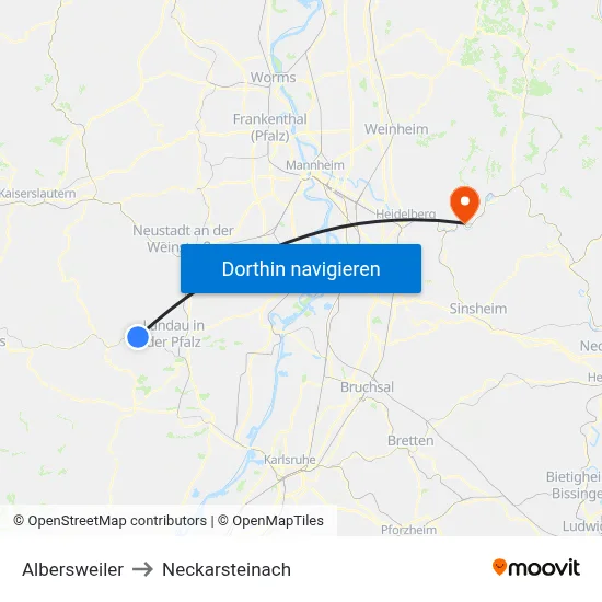 Albersweiler to Neckarsteinach map
