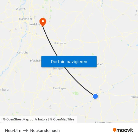 Neu-Ulm to Neckarsteinach map