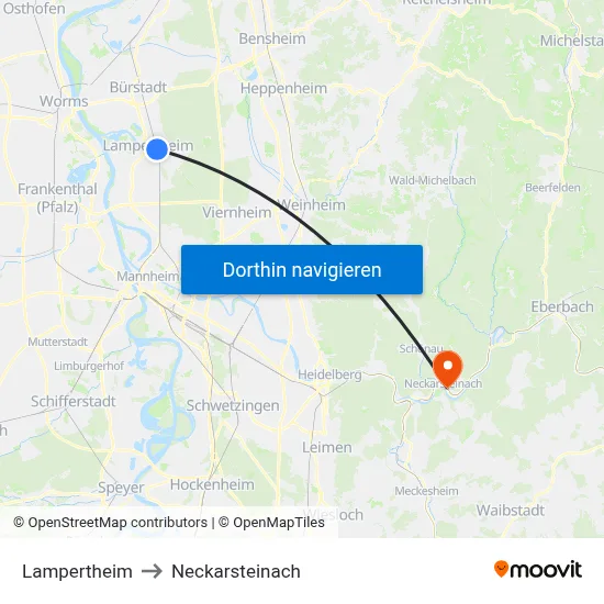 Lampertheim to Neckarsteinach map