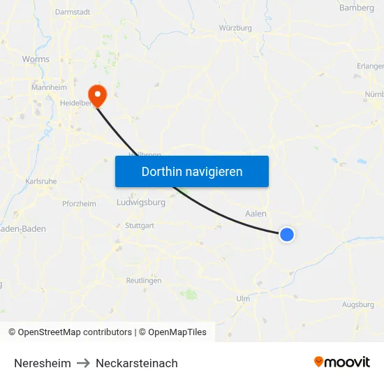 Neresheim to Neckarsteinach map