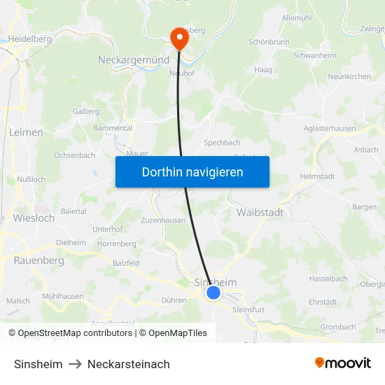 Sinsheim to Neckarsteinach map