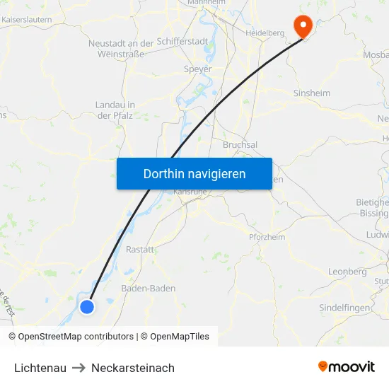 Lichtenau to Neckarsteinach map