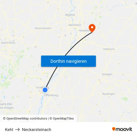 Kehl to Neckarsteinach map