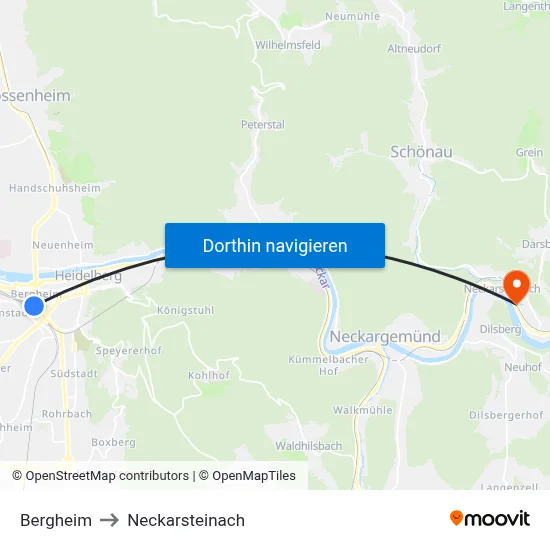 Bergheim to Neckarsteinach map