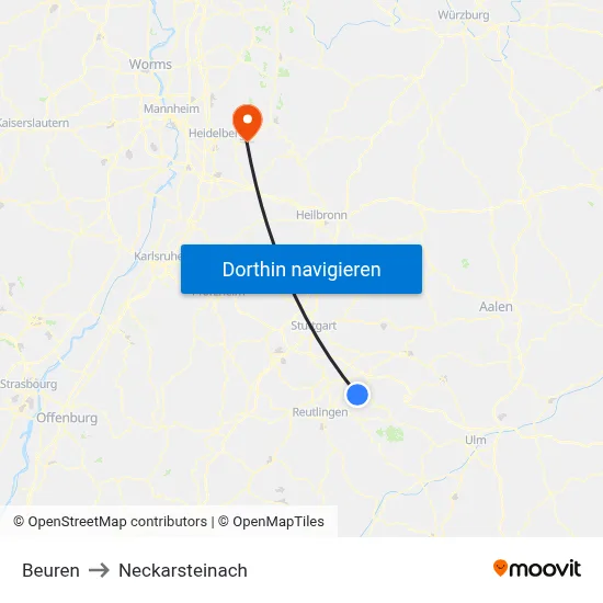 Beuren to Neckarsteinach map