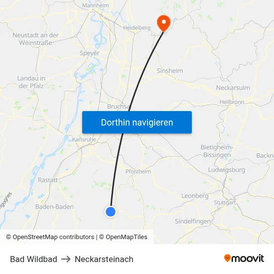 Bad Wildbad to Neckarsteinach map