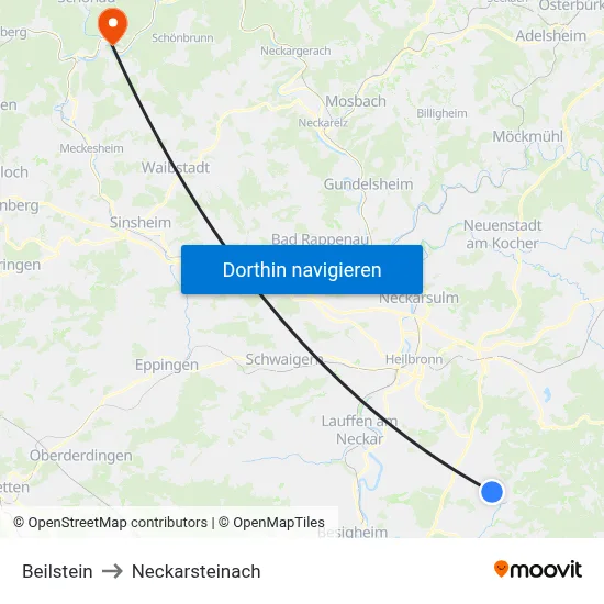 Beilstein to Neckarsteinach map