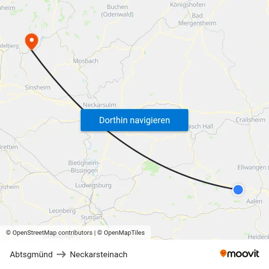 Abtsgmünd to Neckarsteinach map