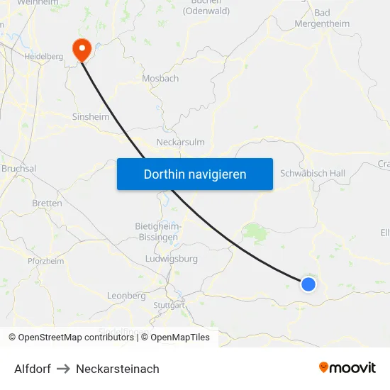 Alfdorf to Neckarsteinach map