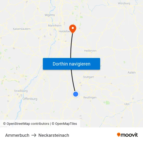 Ammerbuch to Neckarsteinach map