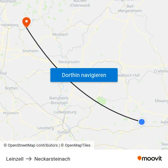 Leinzell to Neckarsteinach map