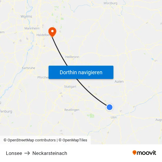 Lonsee to Neckarsteinach map