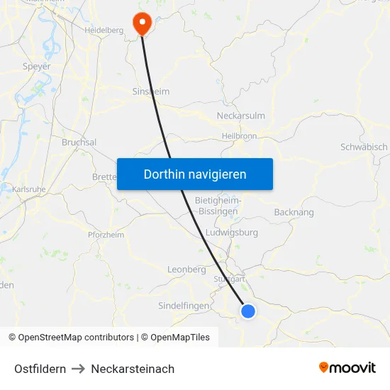 Ostfildern to Neckarsteinach map