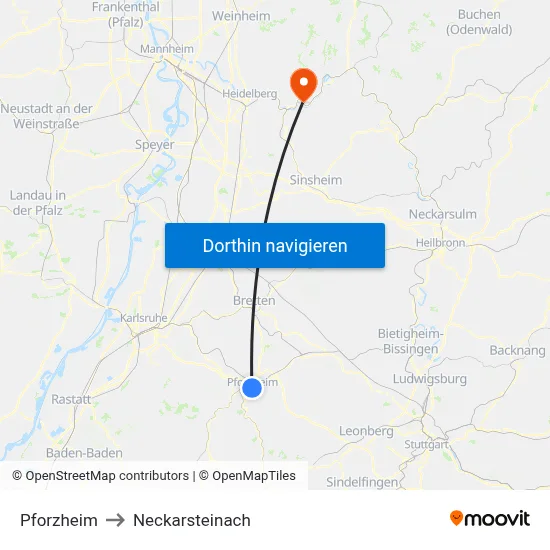 Pforzheim to Neckarsteinach map