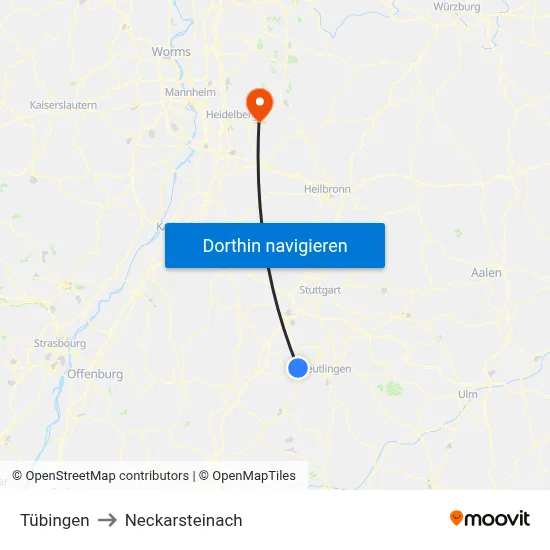 Tübingen to Neckarsteinach map