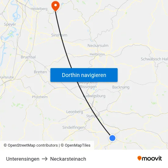 Unterensingen to Neckarsteinach map