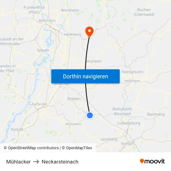 Mühlacker to Neckarsteinach map