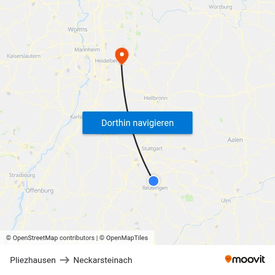 Pliezhausen to Neckarsteinach map