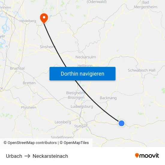 Urbach to Neckarsteinach map