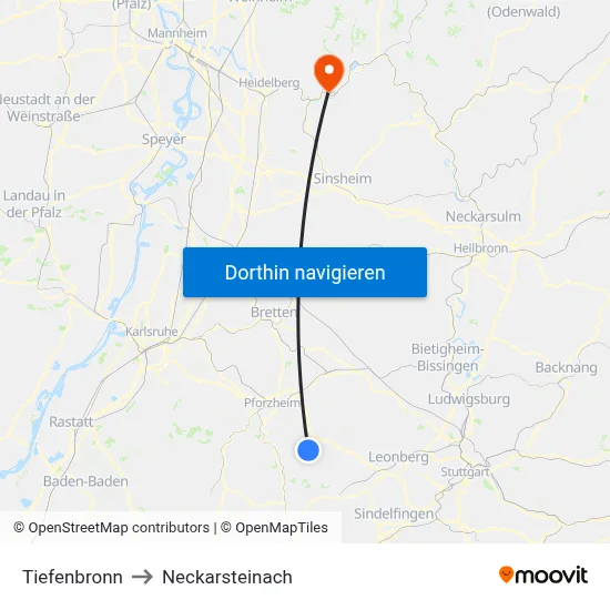 Tiefenbronn to Neckarsteinach map
