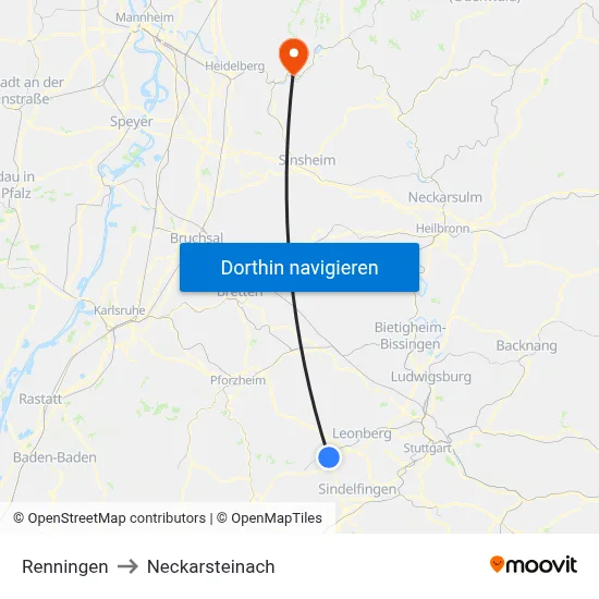 Renningen to Neckarsteinach map