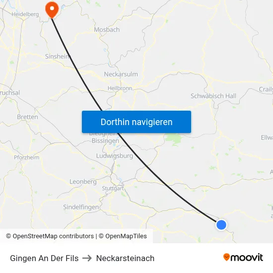 Gingen An Der Fils to Neckarsteinach map