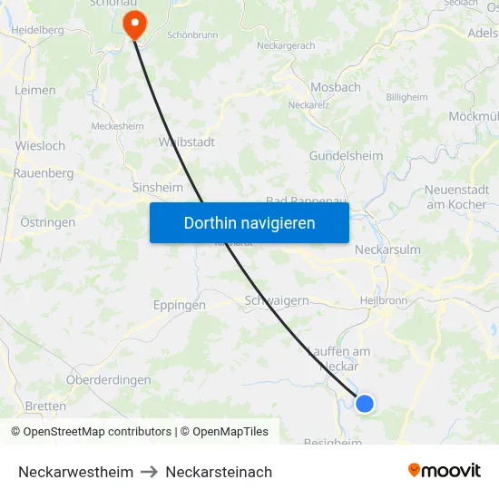 Neckarwestheim to Neckarsteinach map