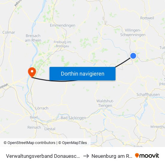 Verwaltungsverband Donaueschingen to Neuenburg am Rhein map
