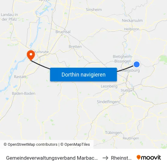 Gemeindeverwaltungsverband Marbach am Neckar to Rheinstetten map