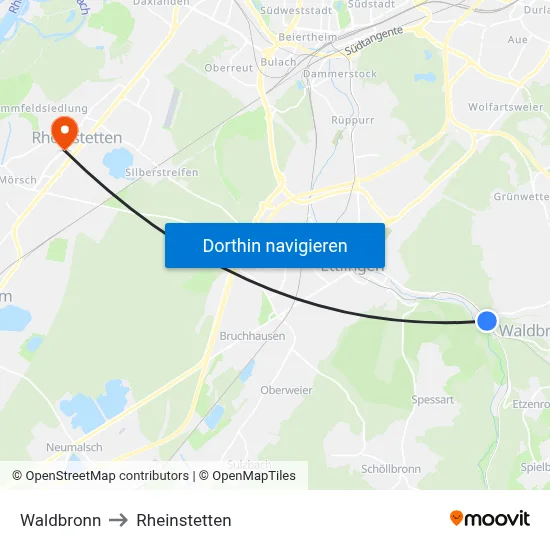 Waldbronn to Rheinstetten map