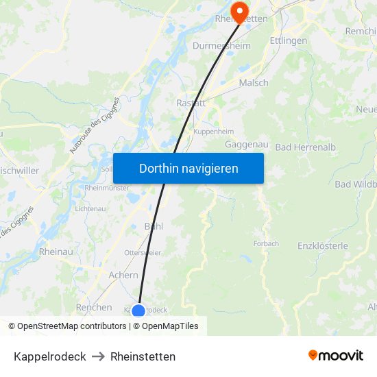 Kappelrodeck to Rheinstetten map
