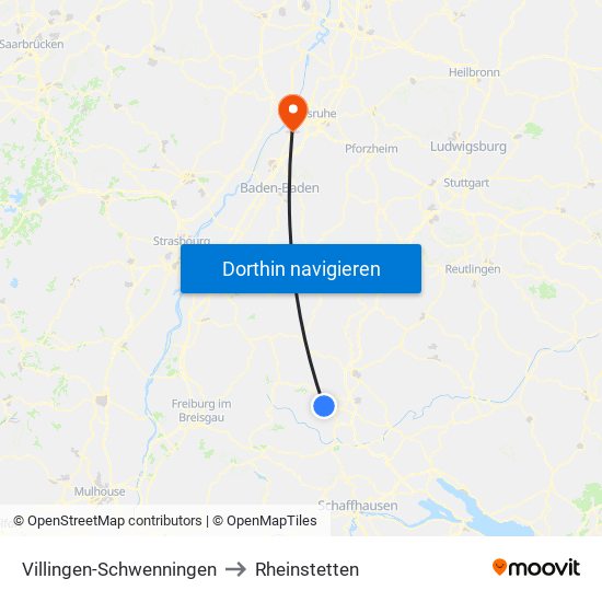 Villingen-Schwenningen to Rheinstetten map