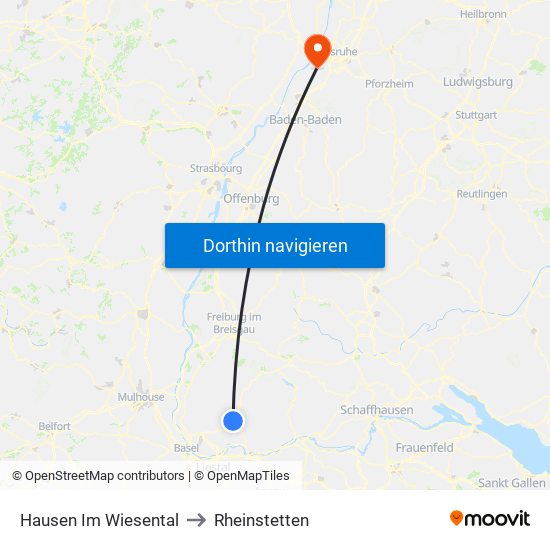 Hausen Im Wiesental to Rheinstetten map