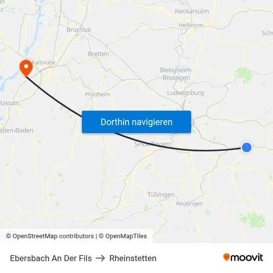 Ebersbach An Der Fils to Rheinstetten map