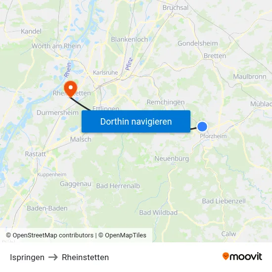 Ispringen to Rheinstetten map